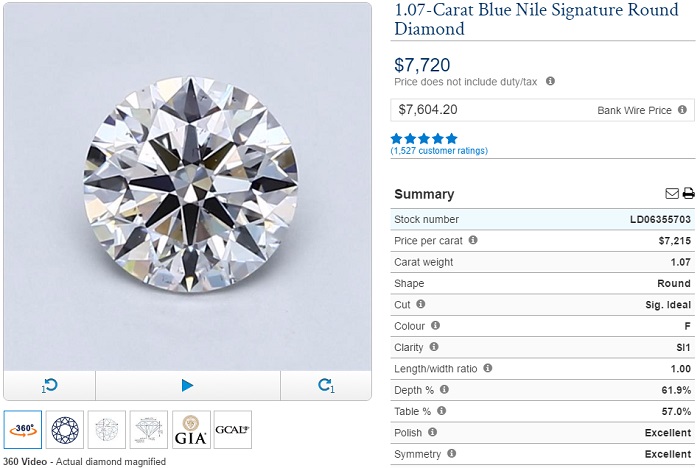 1克拉钻石bluenile f si1 $ 10000美元